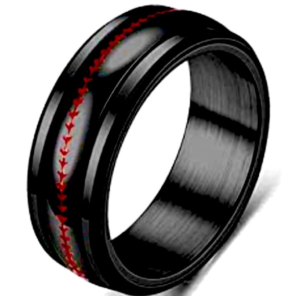 Stainless Steel Baseball Unisex Black & Red Fidget Spinner Ring Size 10 - Picture 9 of 13